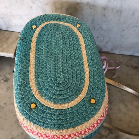 ERIC JAVITS Straw Shoulder Purse Turquoise Pink Zip Top - Picture 7 of 16